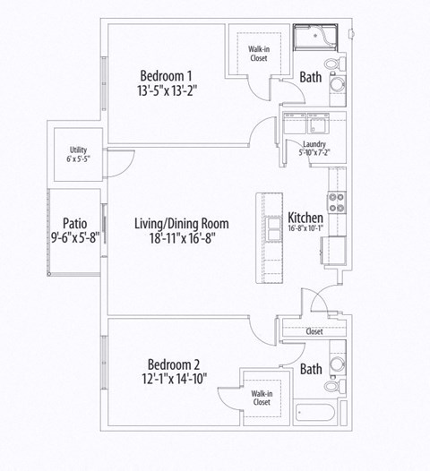 Floor plan for 2 beds, 2 baths, 1243 sqft
